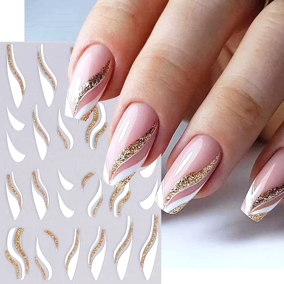 Nail Art Xmas Design - 1 個ゴールドグリッターフレンチデザインネイルステッカーホワイトシルバー曲線ラインストライプ波ネイルステッカースライダー反射マニキュアラップ