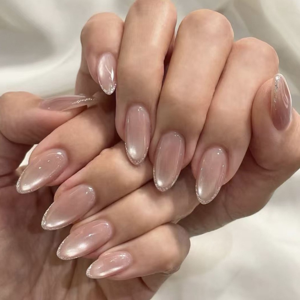 Nail Art Ombre - プレスオンネイル ミディアムアーモンド グリッターオンブレ ピンク フレンチチップ 光沢アクリル