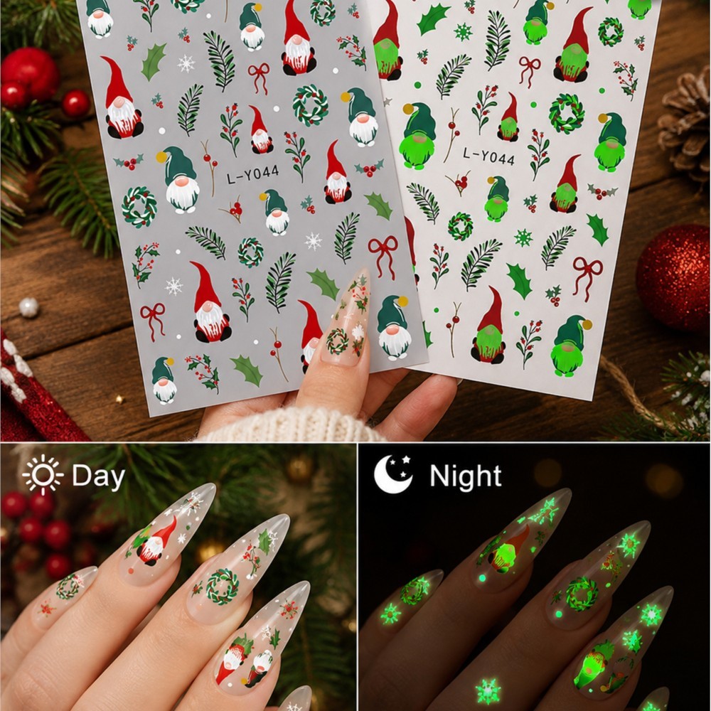 Nail Art Xmas Design - 2枚セット クリスマス光るネイルデカール かわいいクリスマスノーム リース ホーリーリボン 雪の結晶