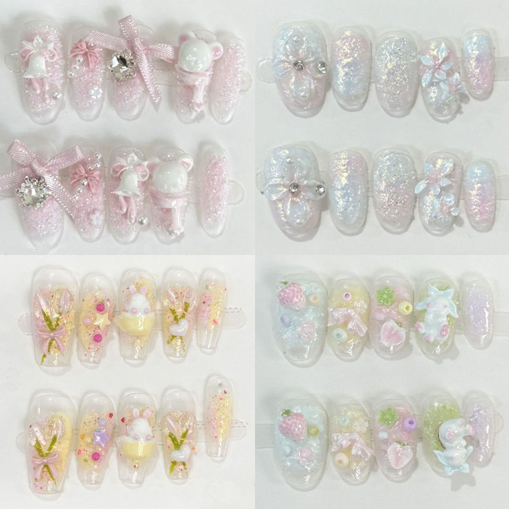 Nail Art Love - かわいい甘いガーリッシュスタイルグリッター 3D フラワーベアネイルアートちょう結びパールラブストロベリーダイヤモンドラウンドフェイクネイル誕生日ギフト