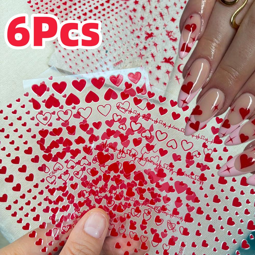 Nail Art Valentines Day - 6 ピース/セットレッドラブハートバレンタインデーネイルアートステッカー Y2K スタームーンネイルデカール中空ピーチラブ粘着マニキュアスライダー