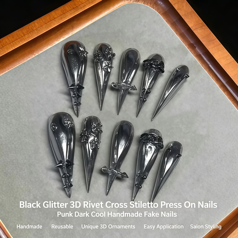 Nail Art Gliter - 新作10個入りゴシックグレーグリッタースティレットネイル、エクストラロングシャープフェイクネイル、クロスリベットボウデコレーション、パンクハンドメイドフェイクネイル