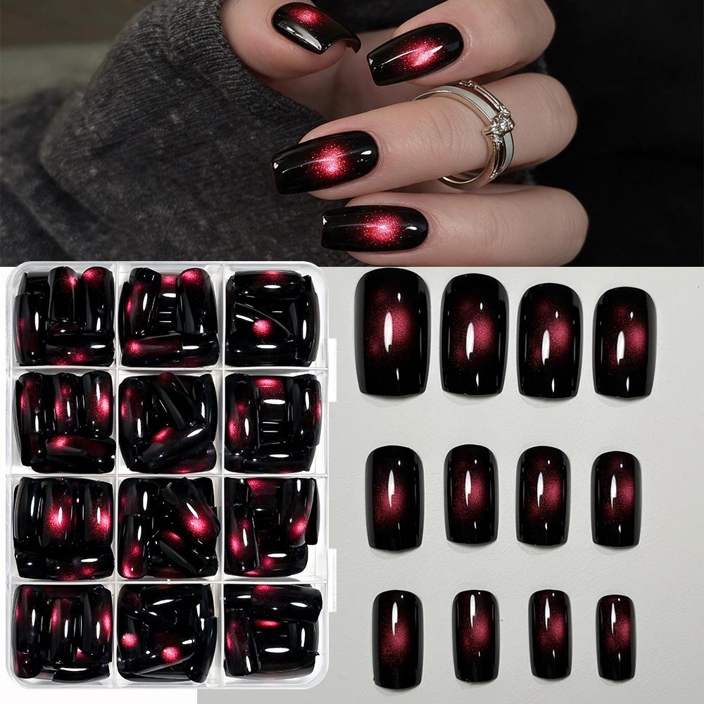 Nail Art Eye Cat - 144個入り 光沢のある赤いガラスビーズ キャットアイ フェイクネイル ショートスクエア キャッツアイ