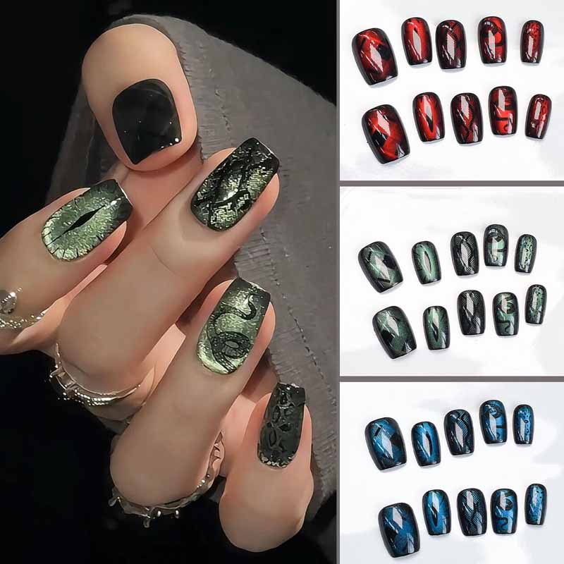 Nail Art Emerald Blue - 10個入り ダークスタイル クールウィンド ピーコック エメラルドブルー ボルドーレッド