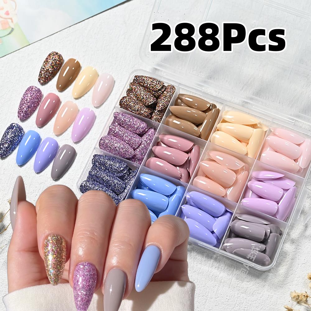 Nail Art Gliter - 288個入り 光沢マカロンミディアムアーモンド型つけ爪 ゴールドパープルグリッター プレスオンネイル 女性用 デイリーフルカバー