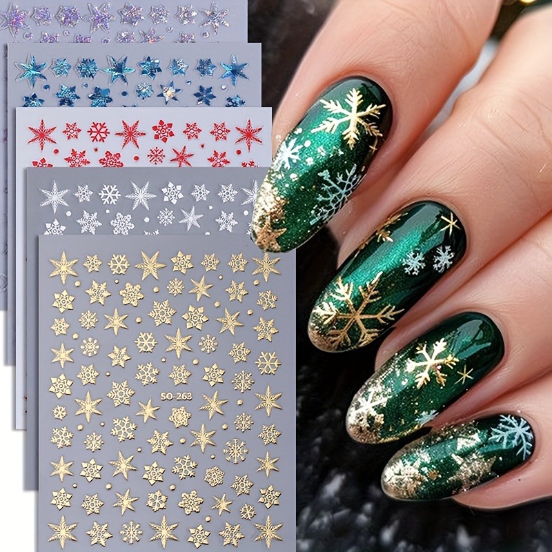 Nail Art Xmas Design - クリスマススノーフレークスターネイルステッカー5枚、ネイルデコレーションDIY、ギフト、パーティーや結婚式のメイクアップスタイリングに簡単に貼れます。