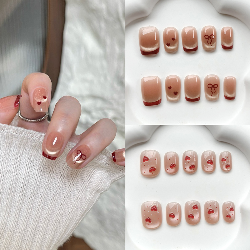 Nail Art Eye Cat - 10 個フレンチスタイルかわいい恋人ネイルアートウェアラブルネイルステッカープレスオンネイルパウダーブラッシャーキャットアイネイルパッチフェイクネイル