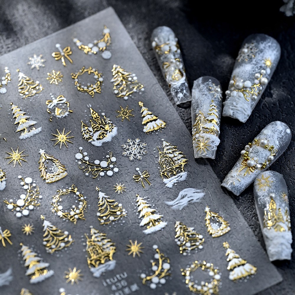 Nail Art Xmas Design - 5D エンボスゴールド城/ガーランド/クリスマスツリーネイルステッカー白い雪の結晶弓スターネイルデカール自己粘着クリスマスネイルデコレーション