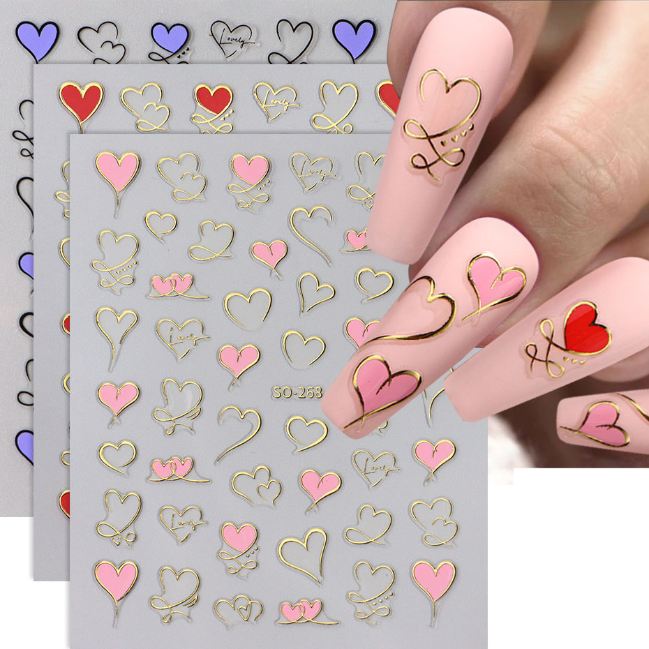 Nail Art Valentines Day - 3 個 Y2K ゴールドウェーブラインハートデカール 3D レッドピンクゴールデン愛デザインネイルステッカー粘着バレンタイン甘いネイルマニキュアスライダー