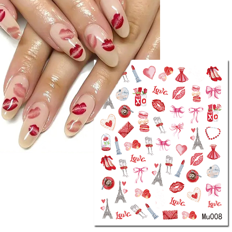 Nail Art Valentines Day - 3d ネイルアートスライダーステッカーバレンタインセクシーな唇口紅スカートかかとちょう結びラブレターデカールネイルデコレーションマニキュア用