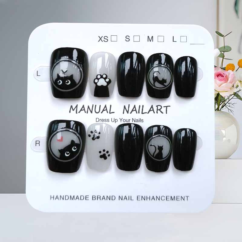 Nail Art Eye Cat - 10枚入り 可愛い漫画 黒猫とピンクの蝶結び ハンドメイド つけ爪 スクエアヘッド