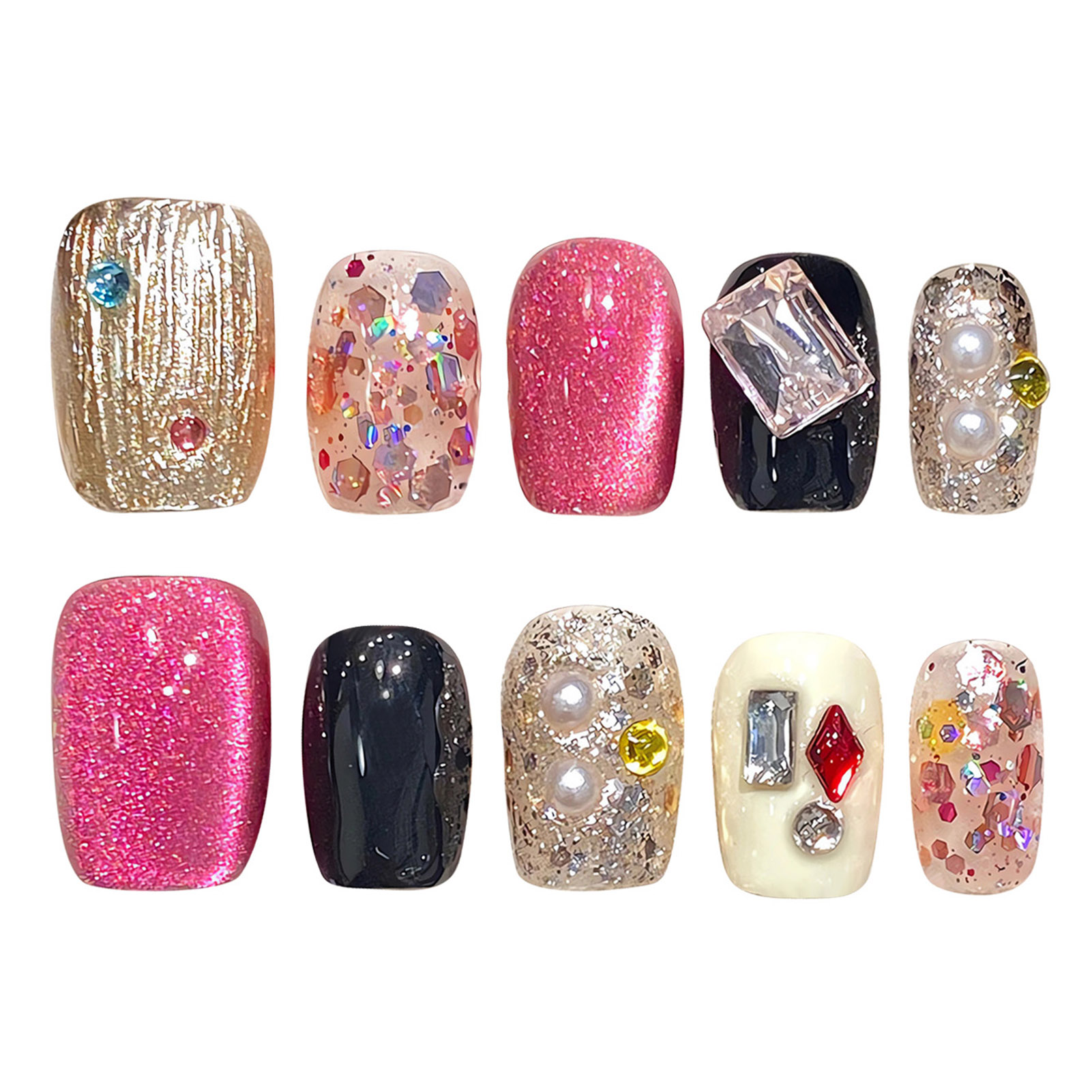 手作りのフェイクネイル,ピンクのスパンコール,猫の目,光沢の - Nail Art Eye Cat のレビューと価格